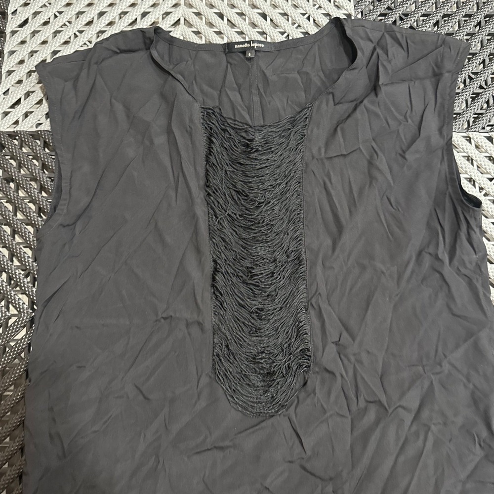 Nanette Lepore Black Silk Fringe Bib Sleeveless Blouse Top Size 6 Made in USA - Picture 2 of 6